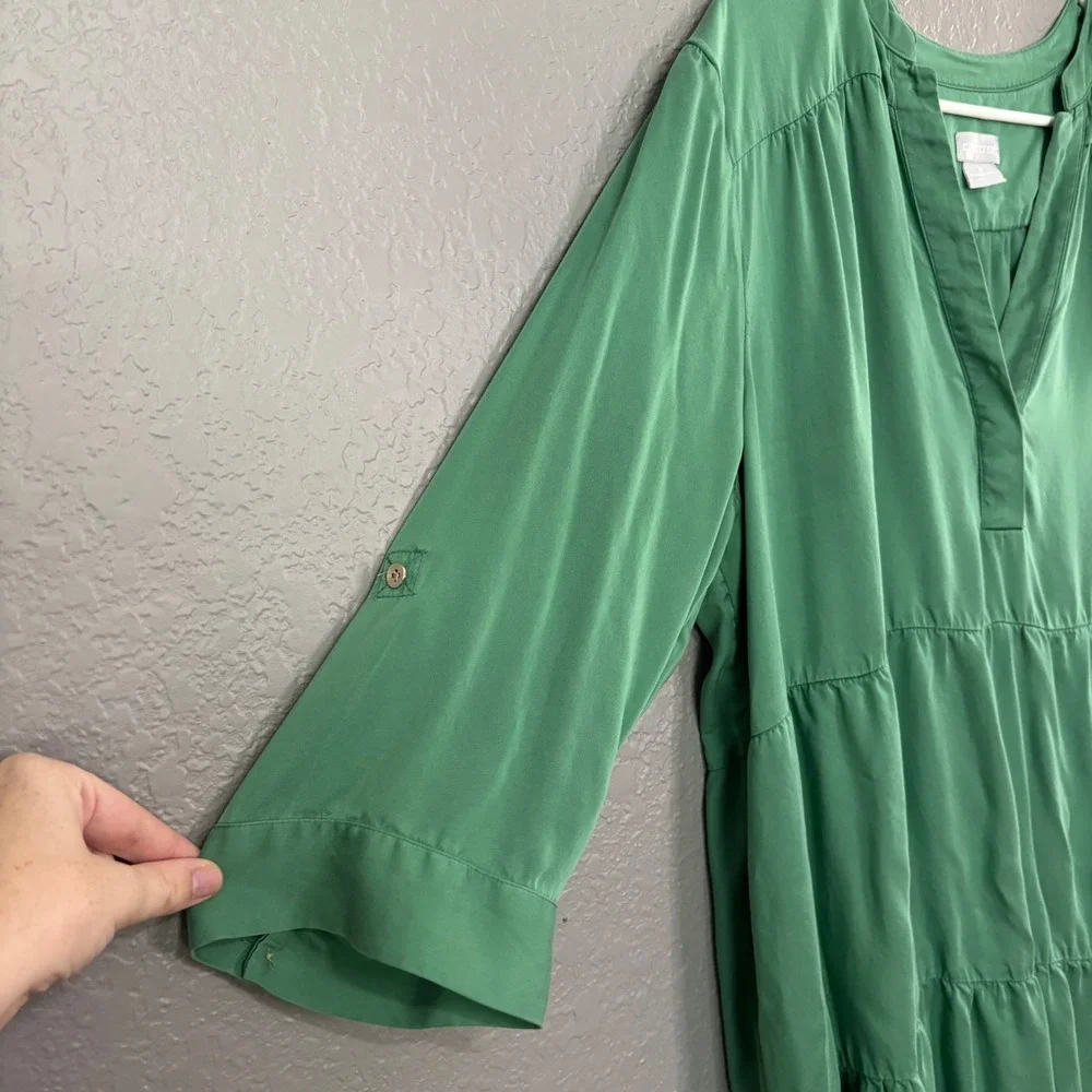 Chicos Green Modal Tiered Maxi Dress V-Neck Roll Tab Sleeve Size 3 XL 16/18 - Picture 5 of 8